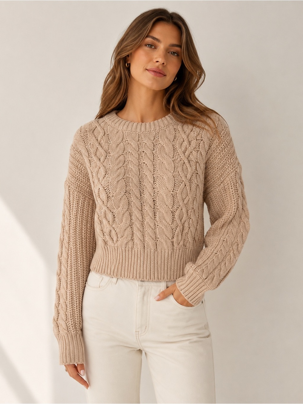 Brave Soul Cable Knit Balloon Sleeve Oversized Neutral Tan Sweater Size …​​​